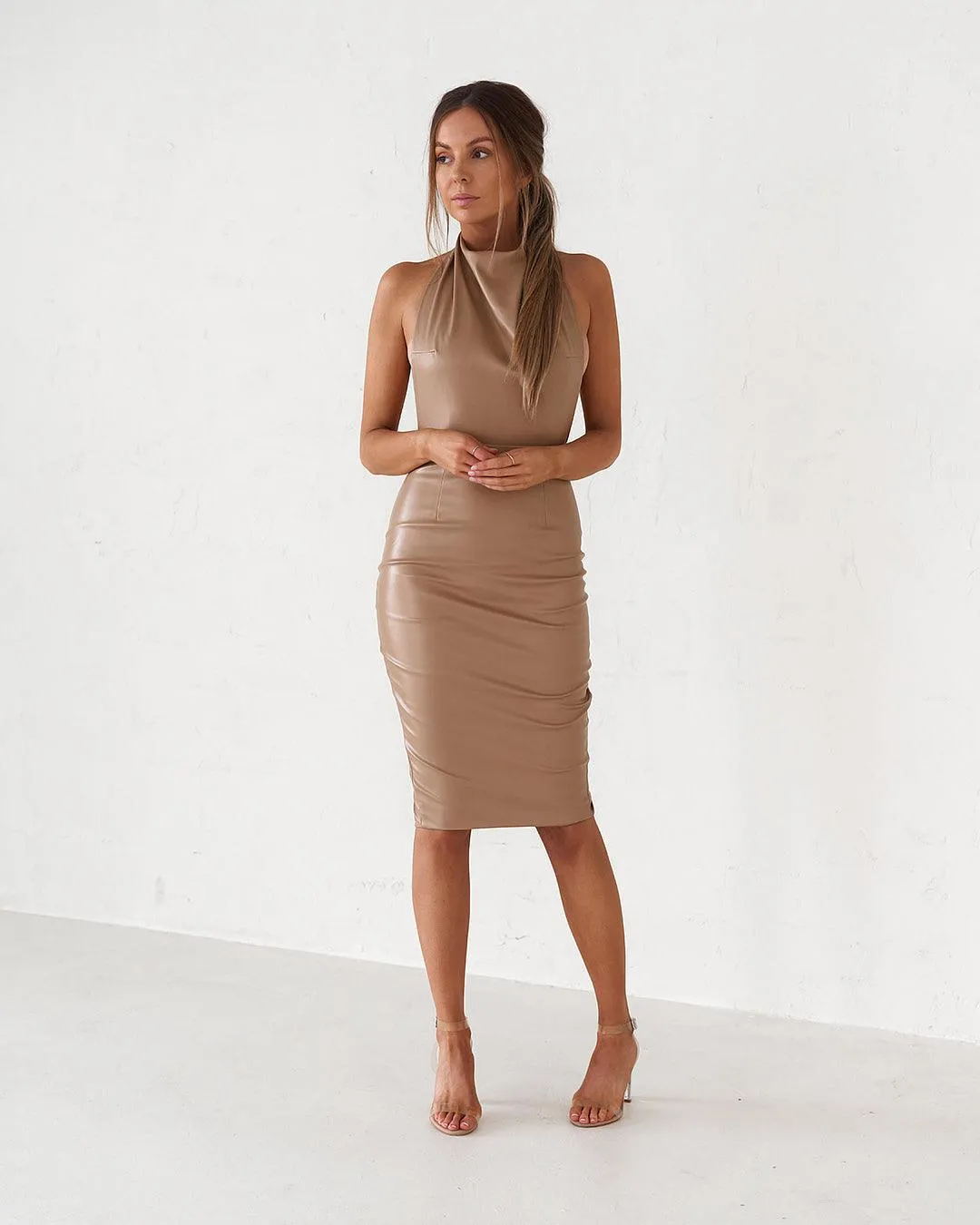 Matte Tan Backless Midi Dress