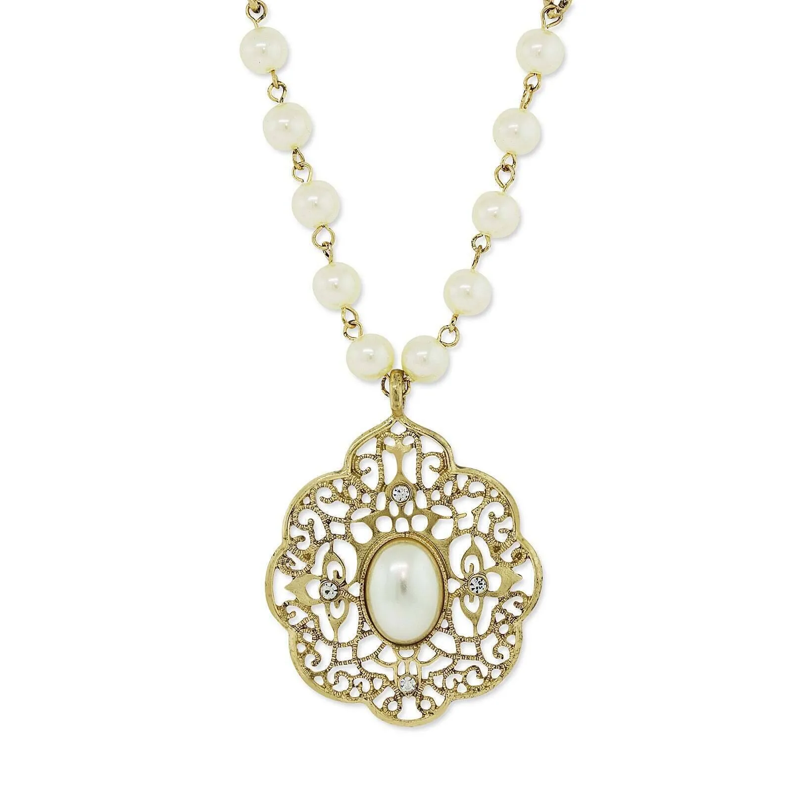 Large Filigree Faux Pearl Pendant Necklace with Extender