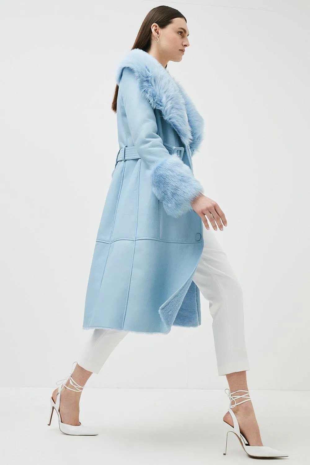 Karen Millen’s Belted Coat with Statement Leather Shearling