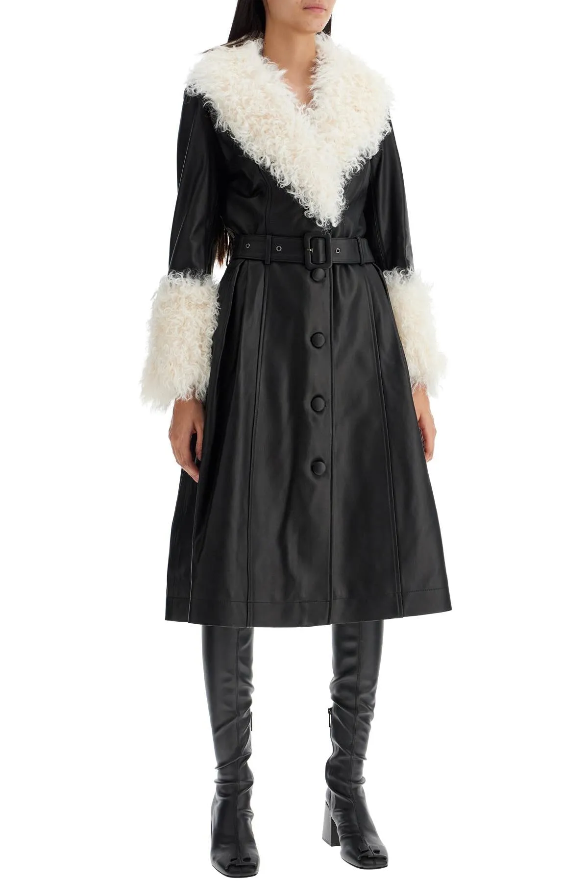 Leather and Shearling Long Coat in Black/Coud by foxy (36028)