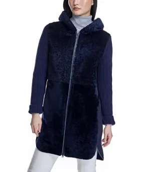 Maximilian Hooded Shearling Coat with Knit Trim