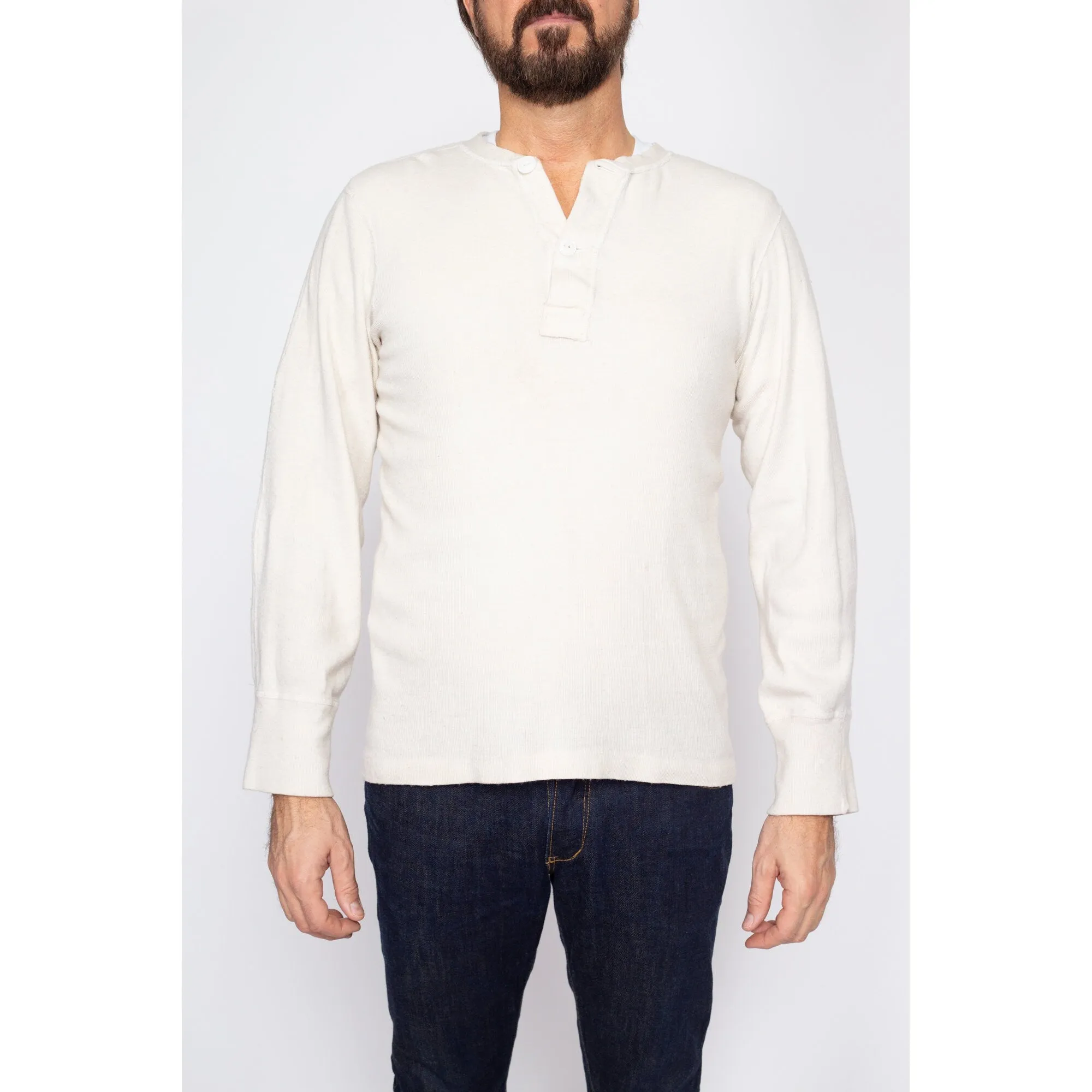 Medium 70s White Cotton Henley Thermal Shirt