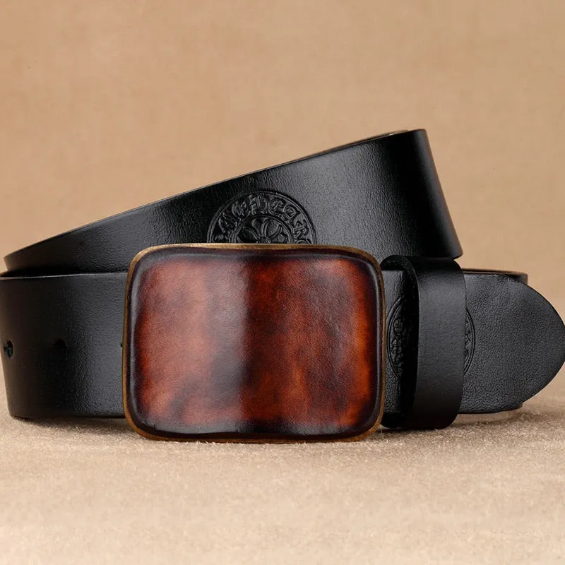 Embossed Genuine Leather Wide Belt with Smooth Alloy Buckle