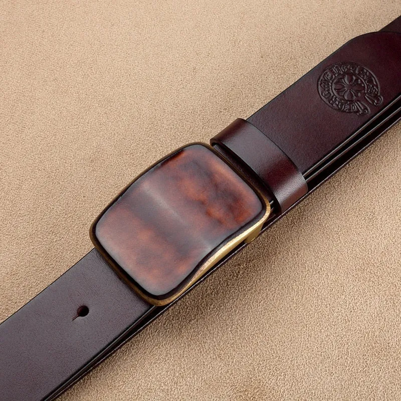 Embossed Genuine Leather Wide Belt with Smooth Alloy Buckle