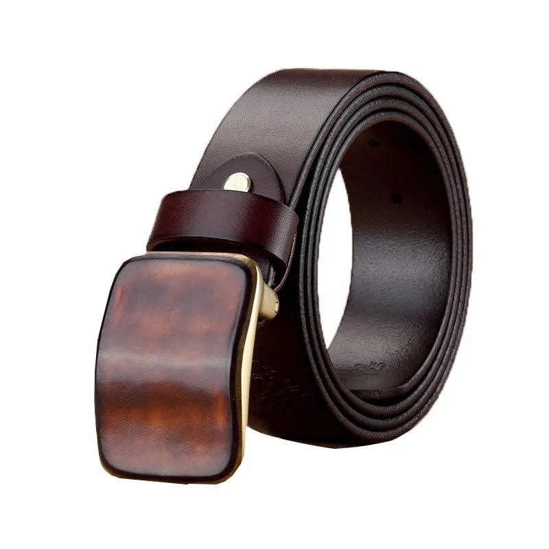 Embossed Genuine Leather Wide Belt with Smooth Alloy Buckle