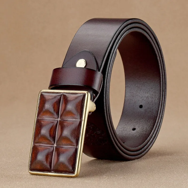 Embossed Genuine Leather Wide Belt with Smooth Alloy Buckle