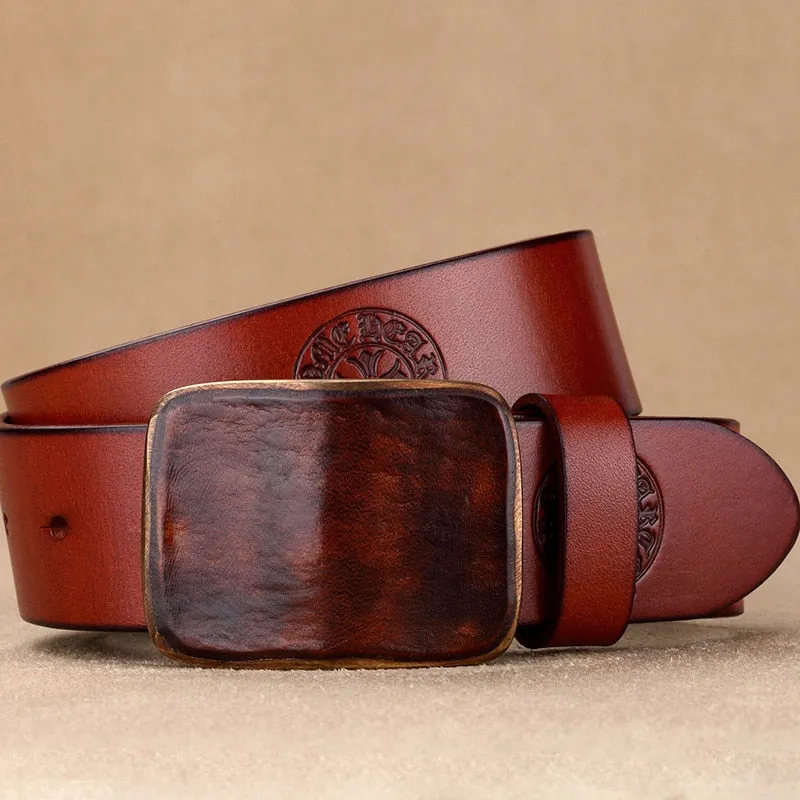 Embossed Genuine Leather Wide Belt with Smooth Alloy Buckle