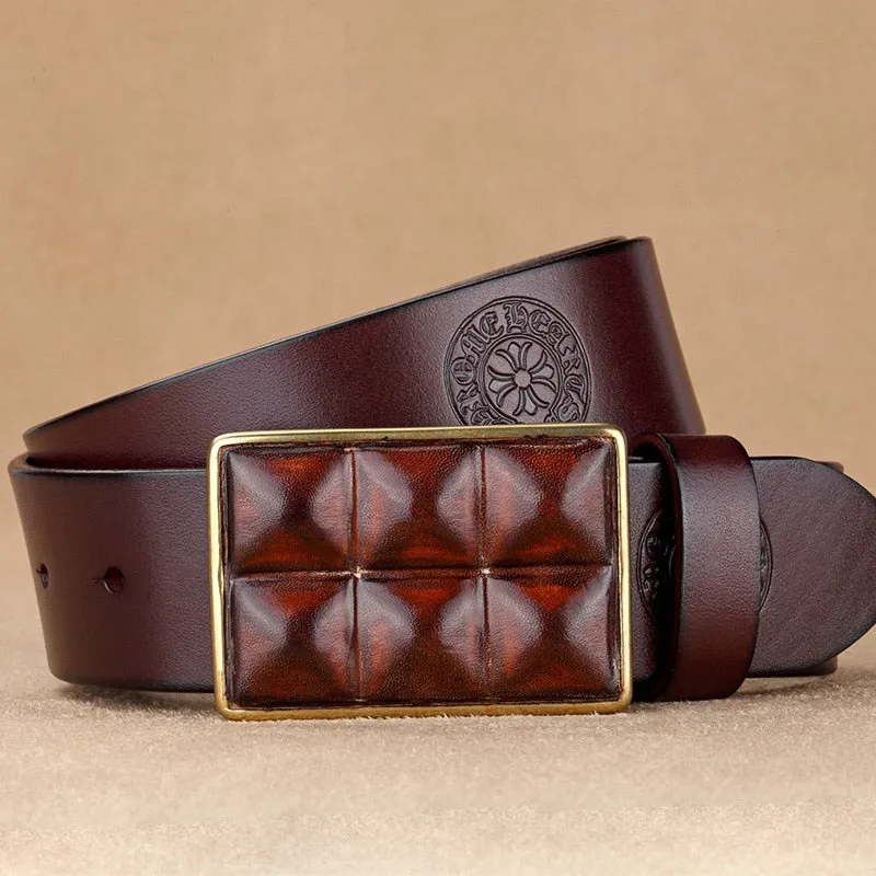 Embossed Genuine Leather Wide Belt with Smooth Alloy Buckle