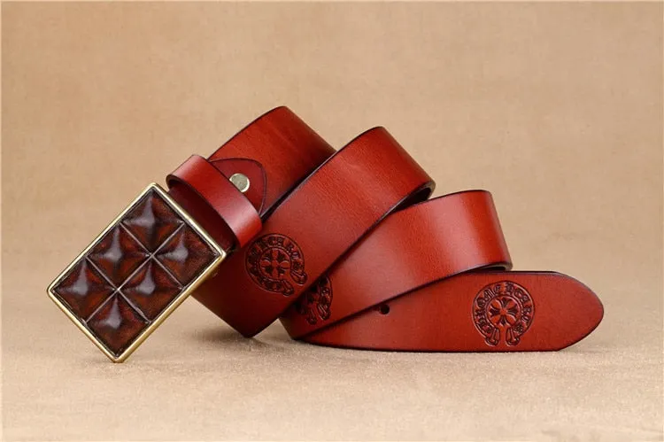 Embossed Genuine Leather Wide Belt with Smooth Alloy Buckle