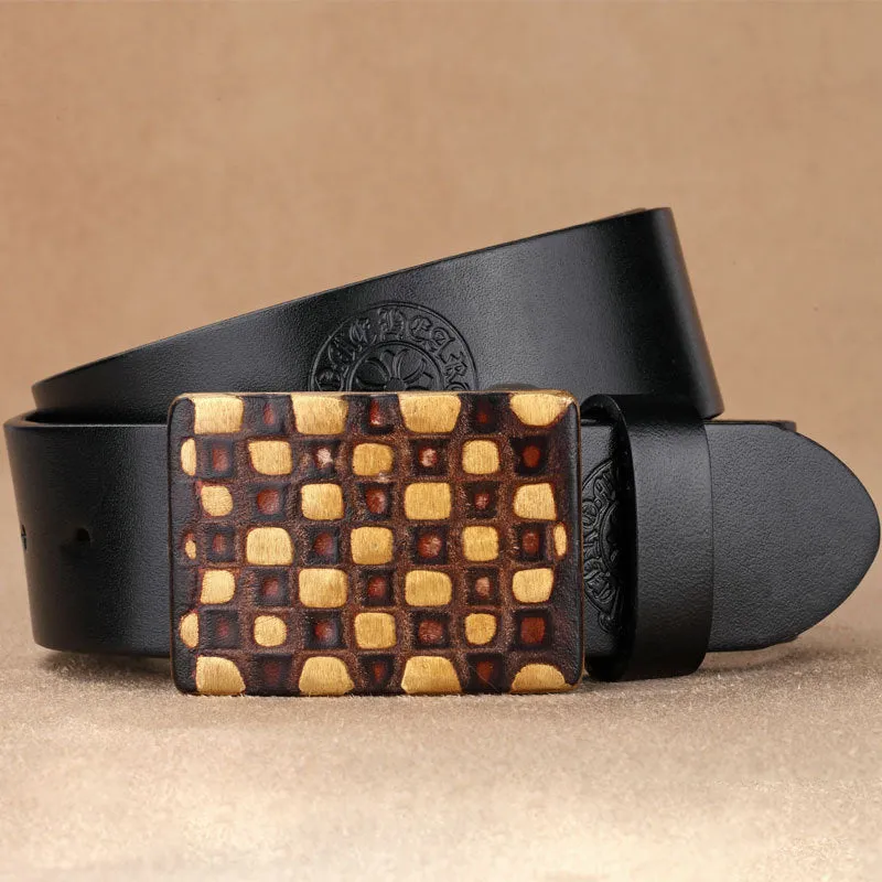 Embossed Genuine Leather Wide Belt with Smooth Alloy Buckle