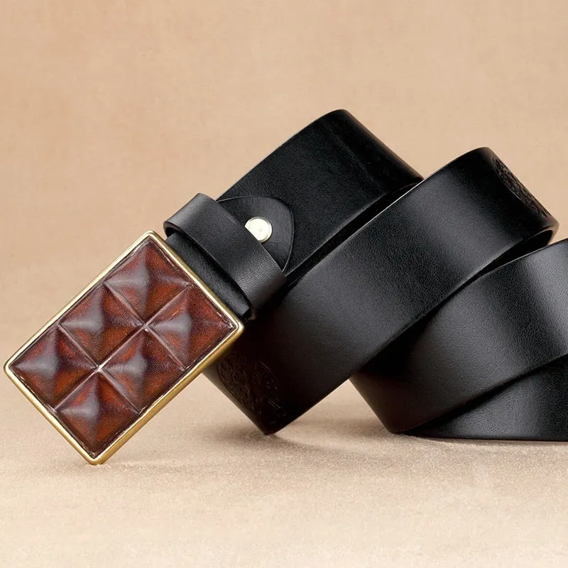 Embossed Genuine Leather Wide Belt with Smooth Alloy Buckle