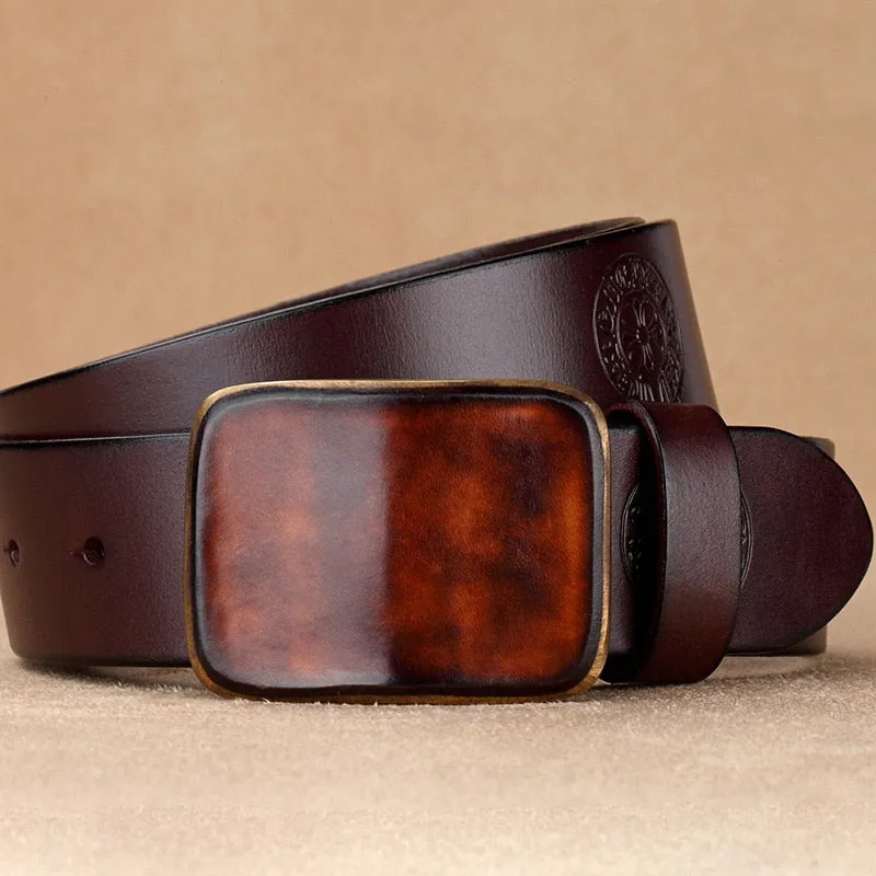 Embossed Genuine Leather Wide Belt with Smooth Alloy Buckle