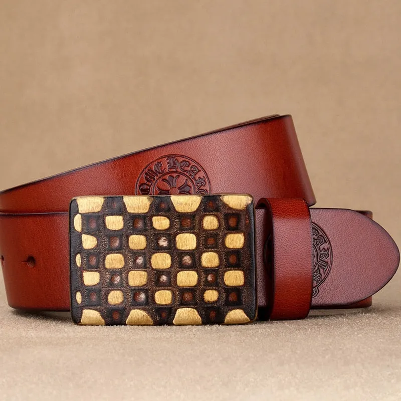 Embossed Genuine Leather Wide Belt with Smooth Alloy Buckle