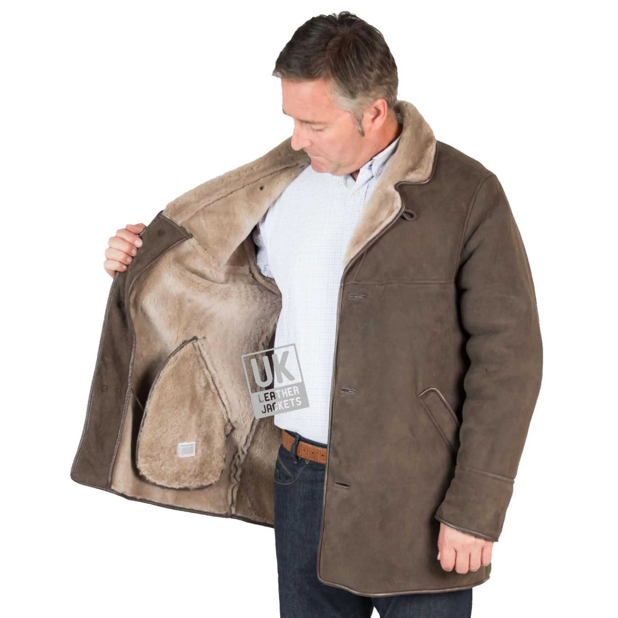 High-Quality Mens Grey Shearling Sheepskin Coat