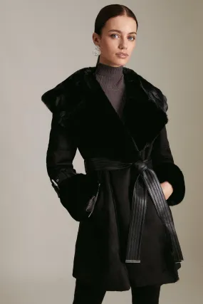 Karen Millen Belted Coat with Petite Mock Shearling Fur Cuff