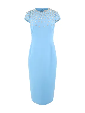 Oscar De La Renta Pastel Blue Crystal & Pearl Embroidered Dress