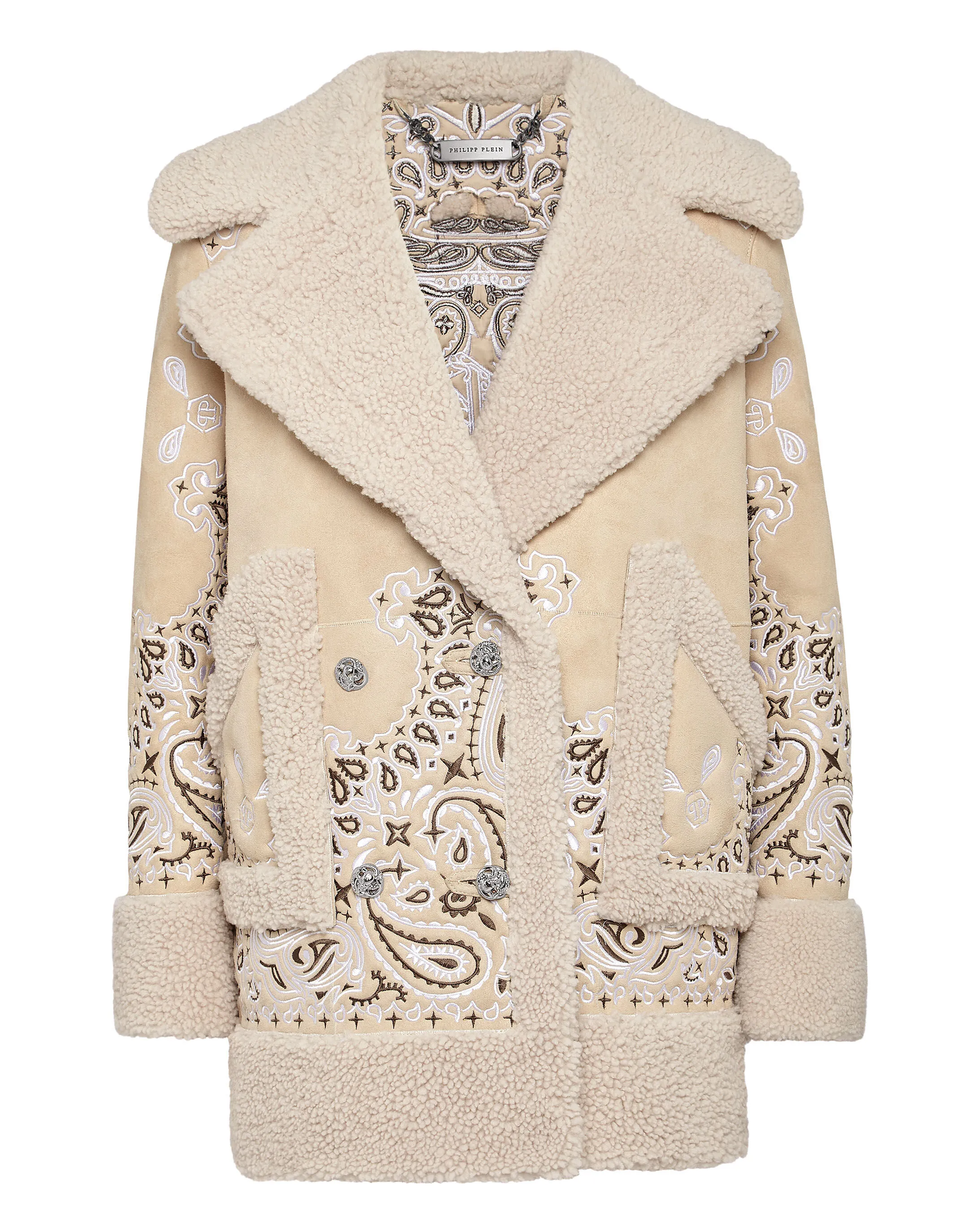 PHILIPP PLEIN Oversize Long Shearling Coat with Paisley Bandana