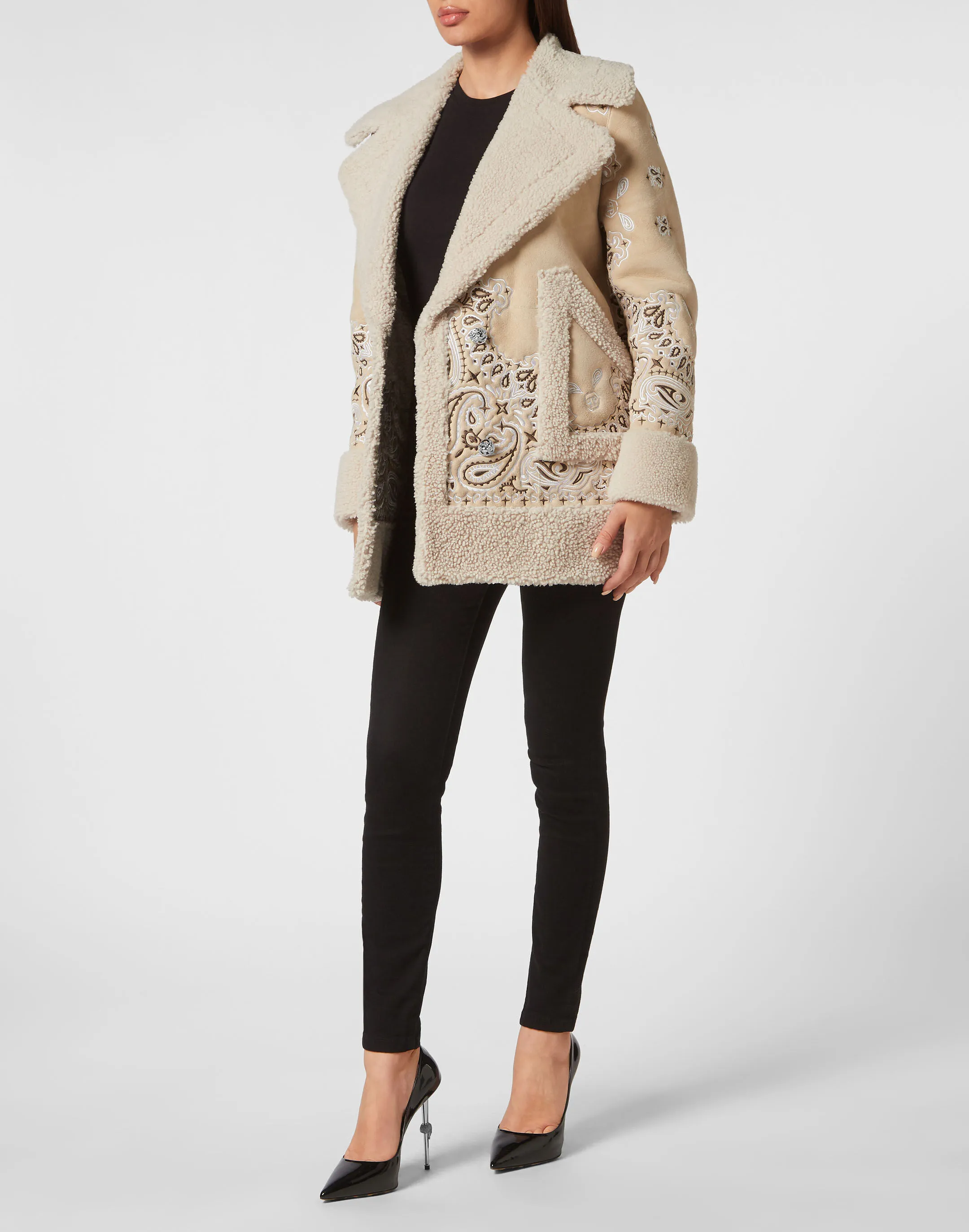 PHILIPP PLEIN Oversize Long Shearling Coat with Paisley Bandana