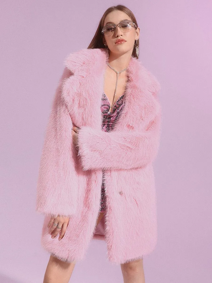 Pink Eco-friendly Fur Coat with Oversized Front Button and Long Sleeves in Faux Fur