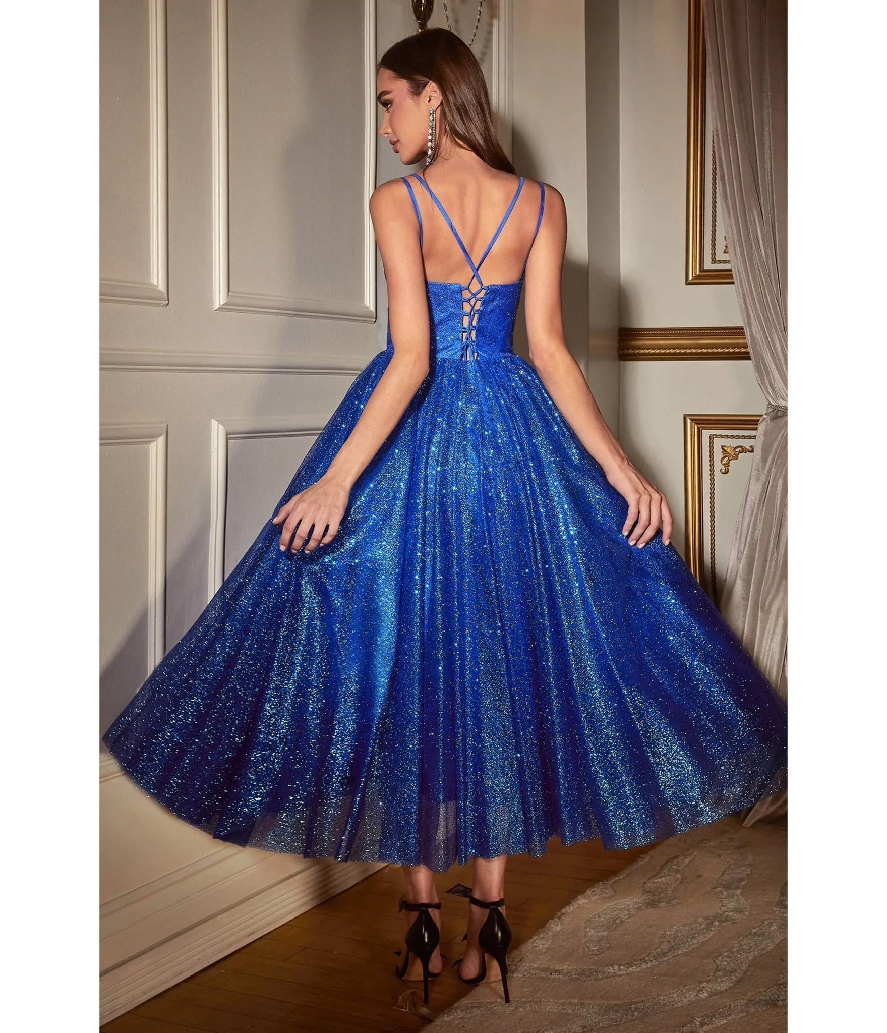 Royal Blue Glitter Sleeveless Tea Length Ball Gown from Cinderella Divine