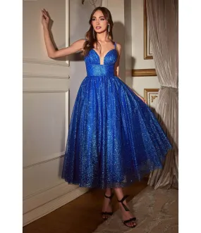 Royal Blue Glitter Sleeveless Tea Length Ball Gown from Cinderella Divine