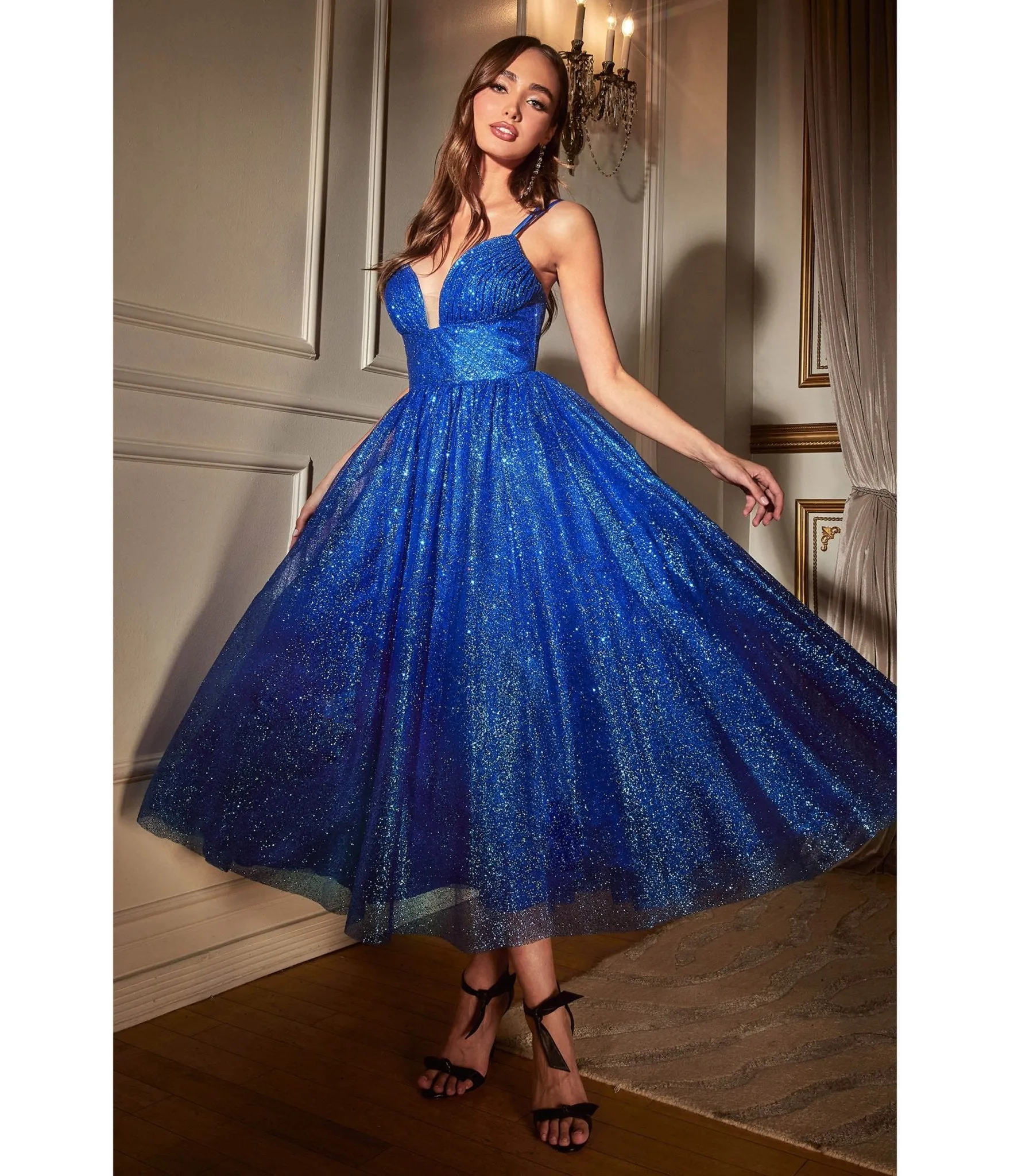 Royal Blue Glitter Sleeveless Tea Length Ball Gown from Cinderella Divine