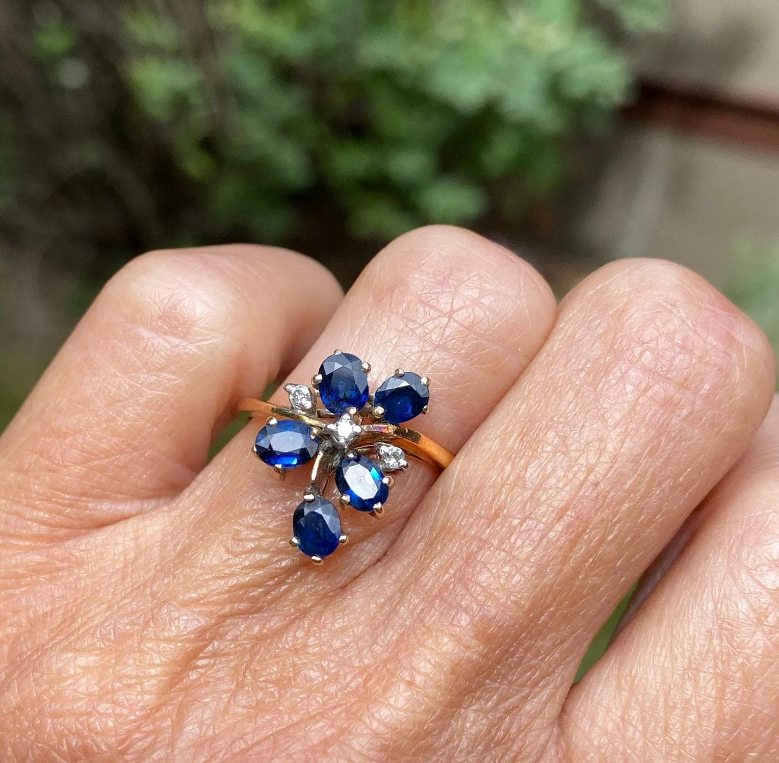 Original Sapphire Diamond 14K Gold Flower Cluster Ring