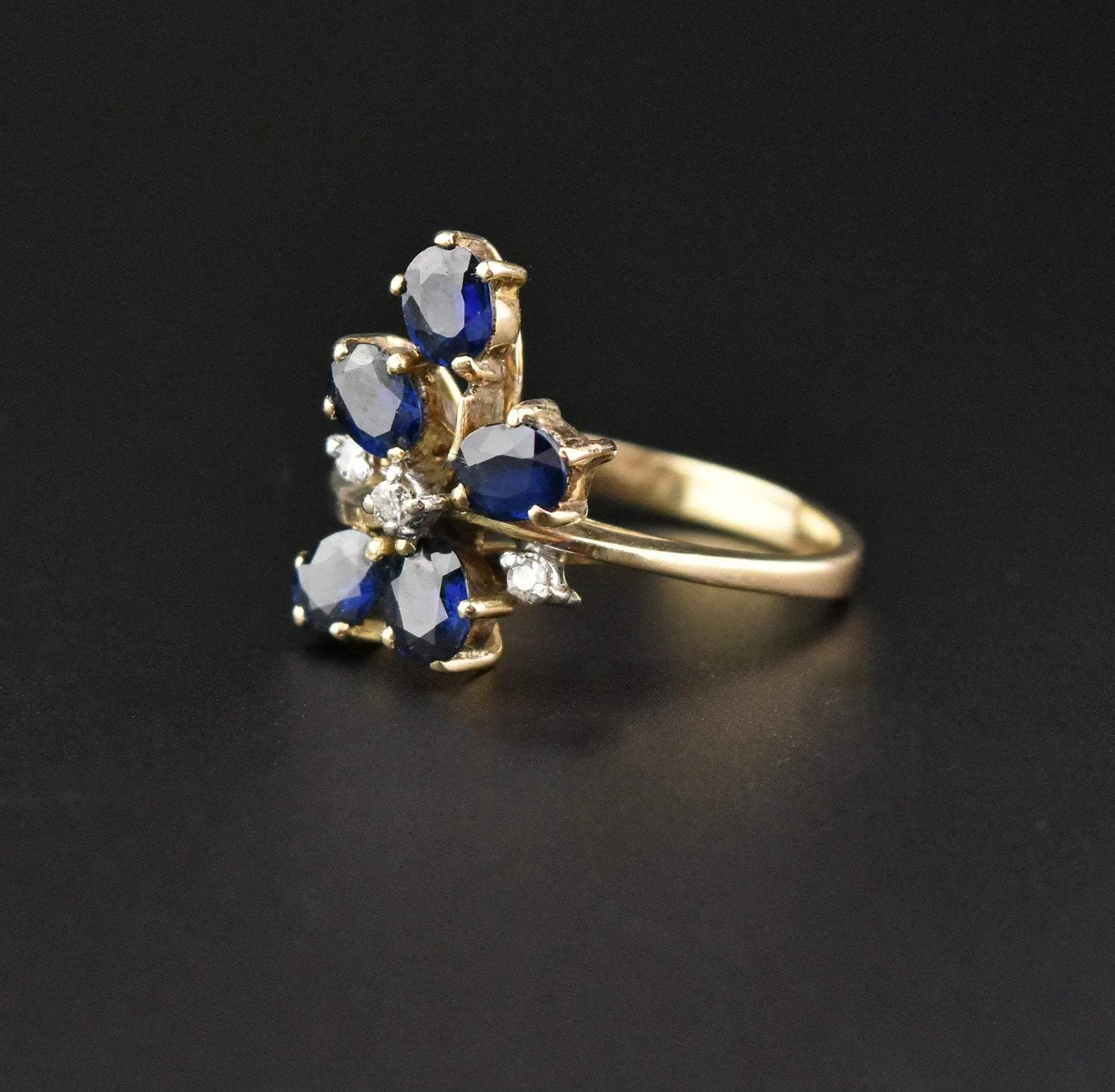 Original Sapphire Diamond 14K Gold Flower Cluster Ring