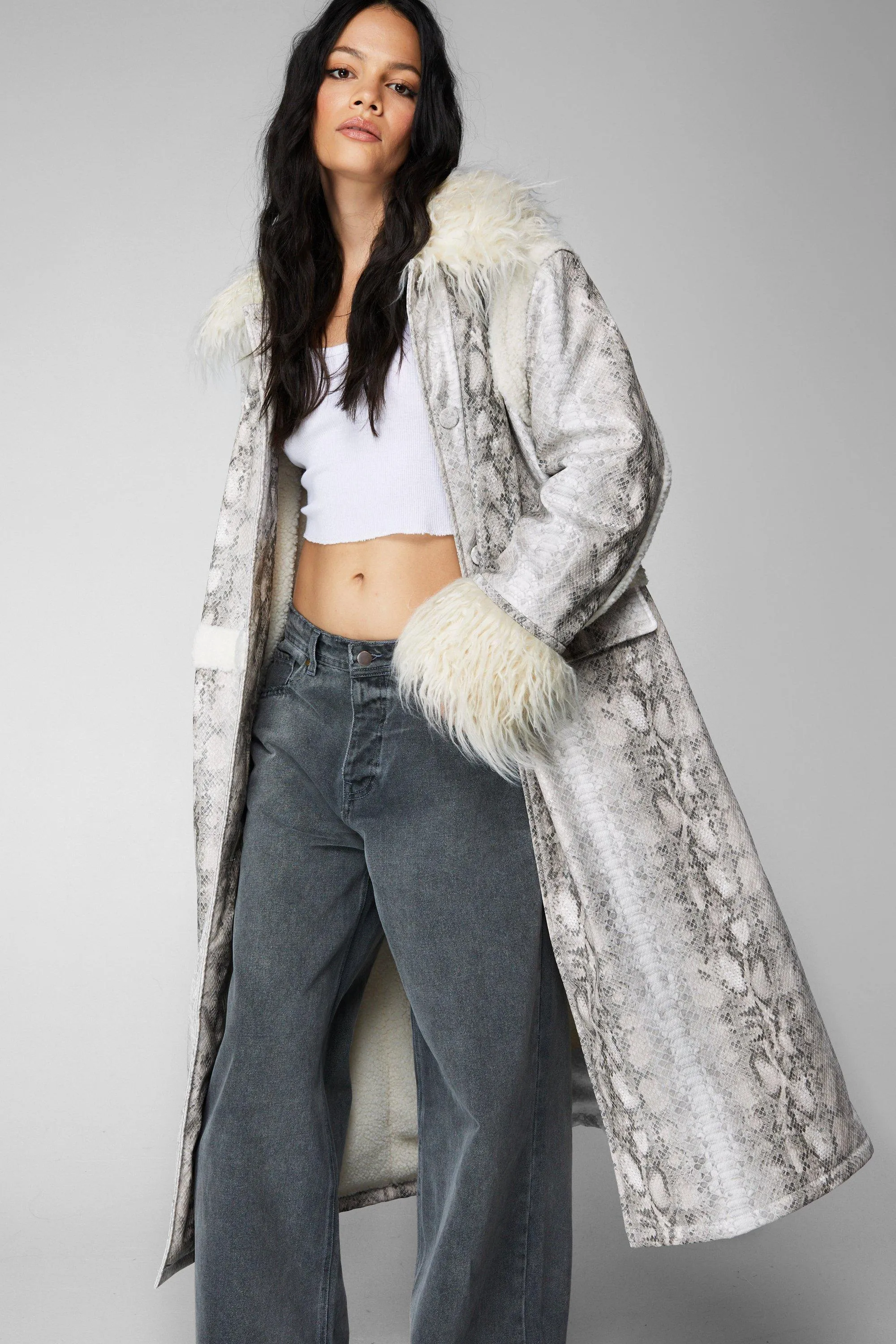 Longline Aviator Coat with Snake Print Shearling Trim