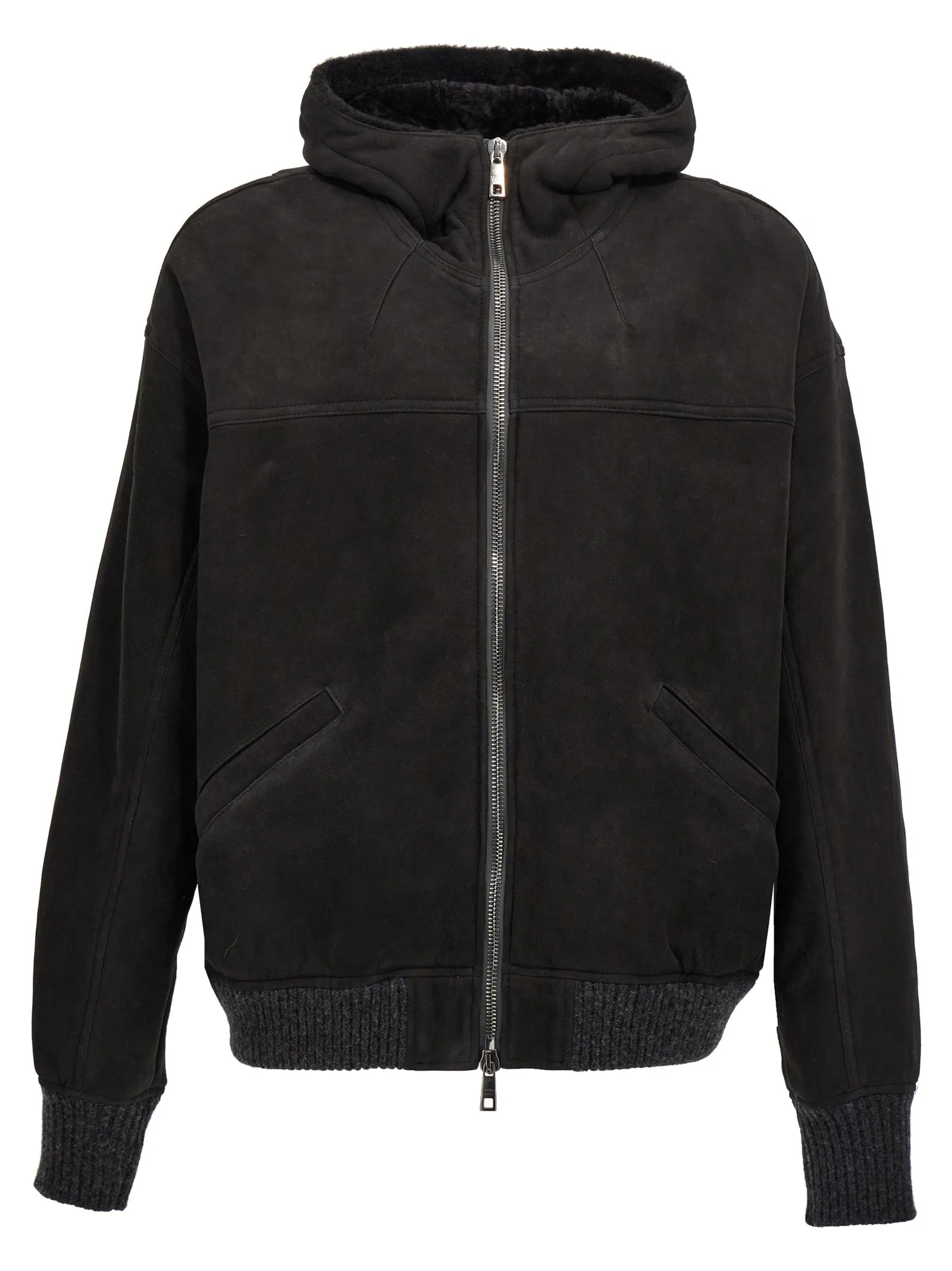 Suede Black Sheepskin Fur Hooded