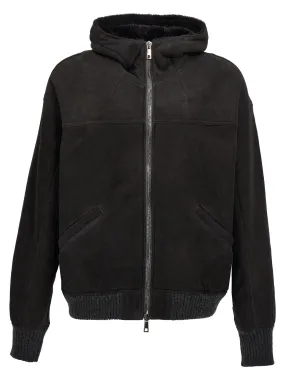 Suede Black Sheepskin Fur Hooded