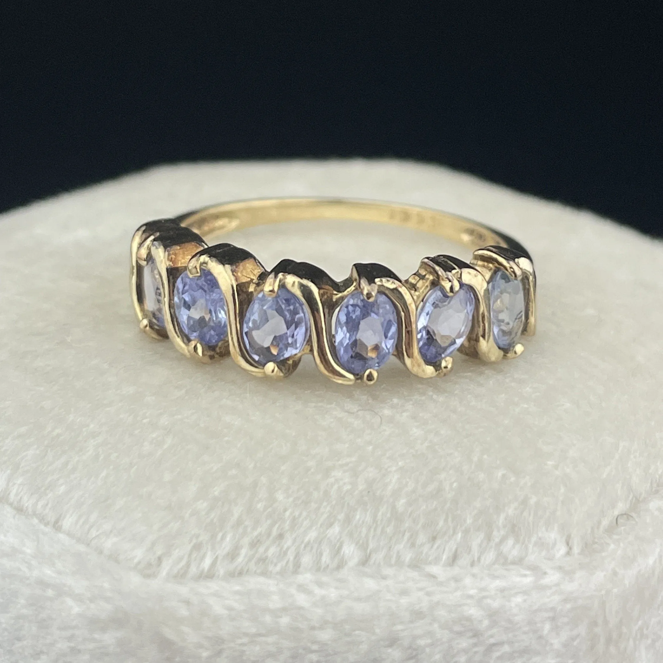 Original Vintage 10K Gold Six Amethyst Stone Half Eternity Hoop Band Ring, Sz 6.5