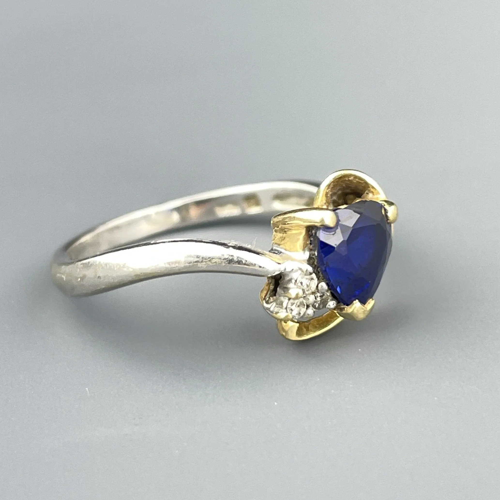 Original Vintage 10K White and Yellow Gold Diamond Sapphire Heart Ring, Sz 6 1/4