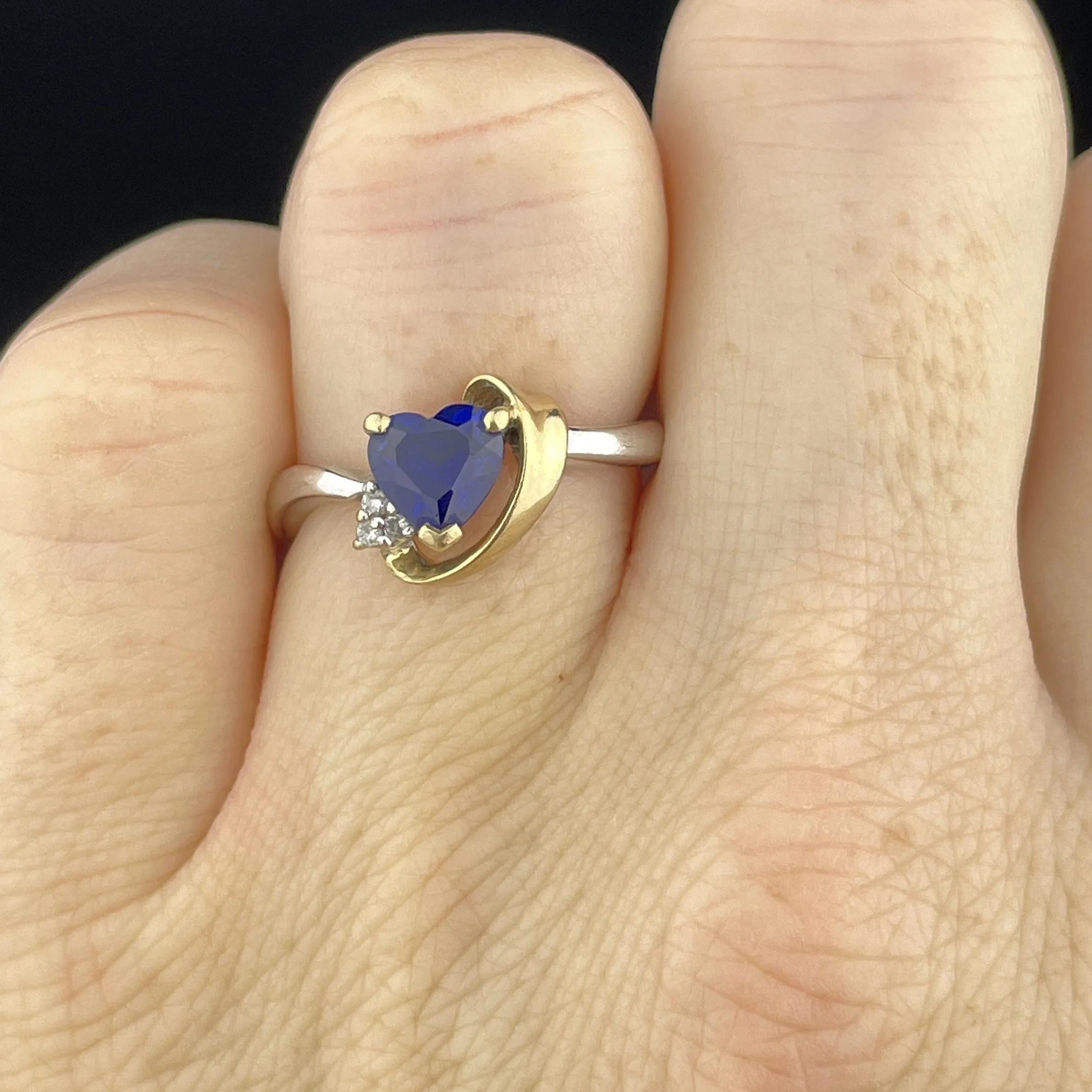 Original Vintage 10K White and Yellow Gold Diamond Sapphire Heart Ring, Sz 6 1/4