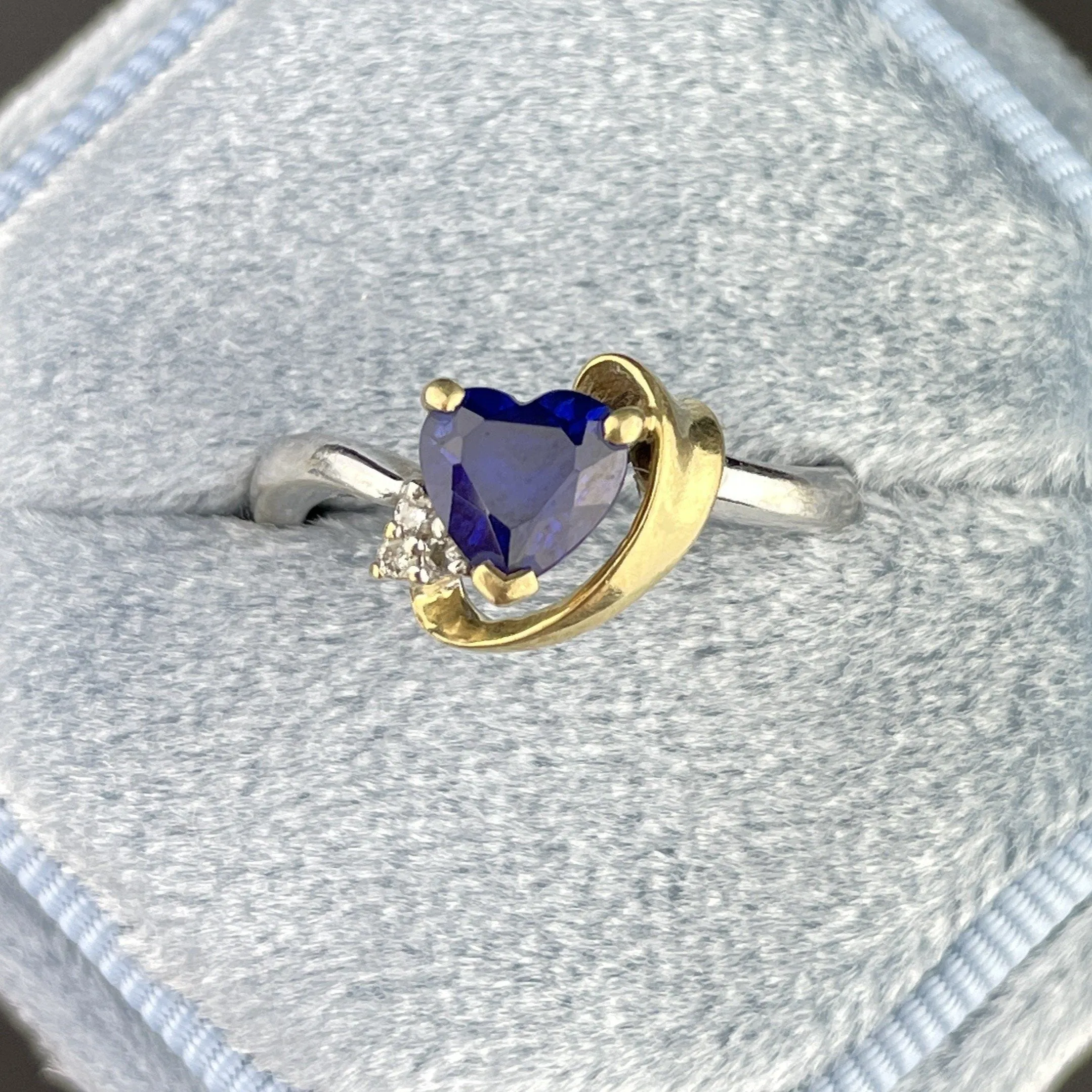 Original Vintage 10K White and Yellow Gold Diamond Sapphire Heart Ring, Sz 6 1/4