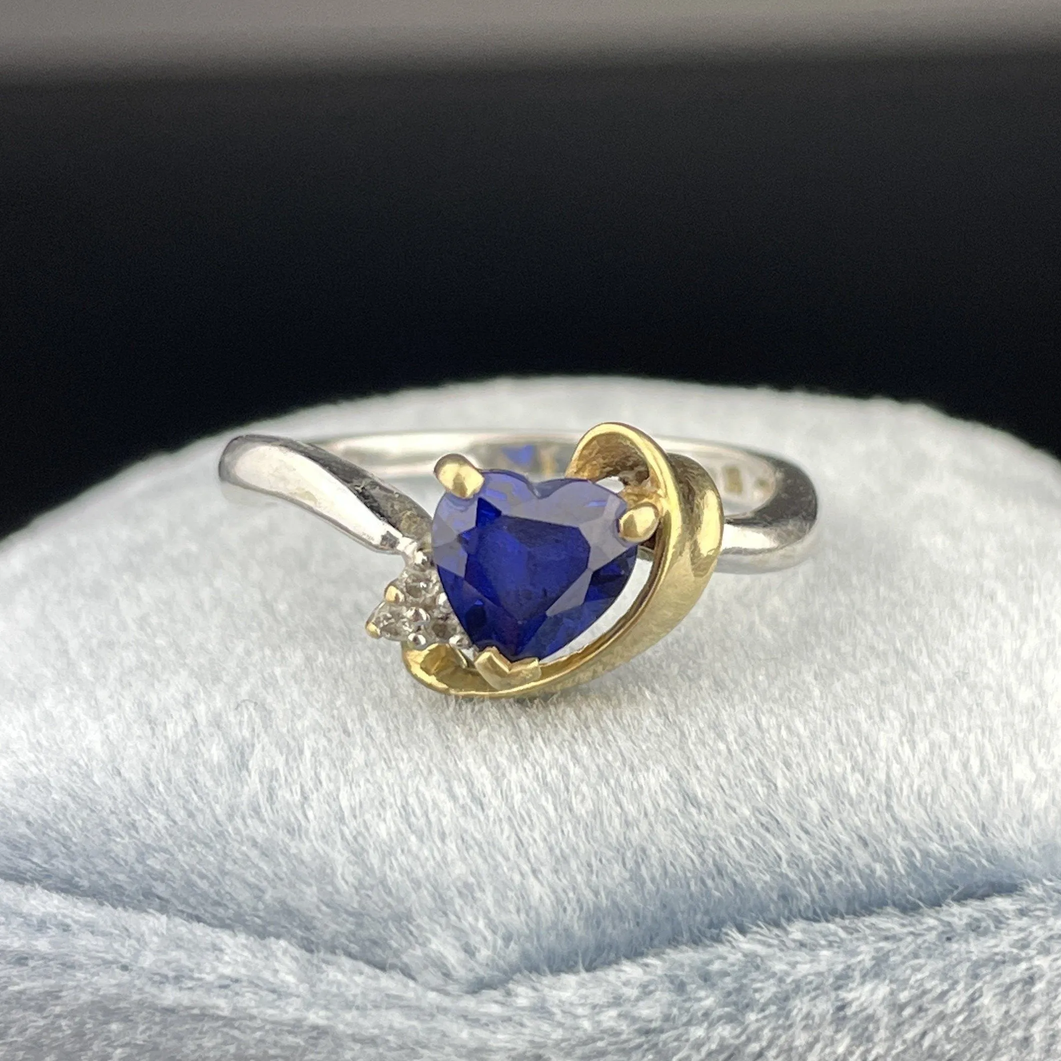 Original Vintage 10K White and Yellow Gold Diamond Sapphire Heart Ring, Sz 6 1/4