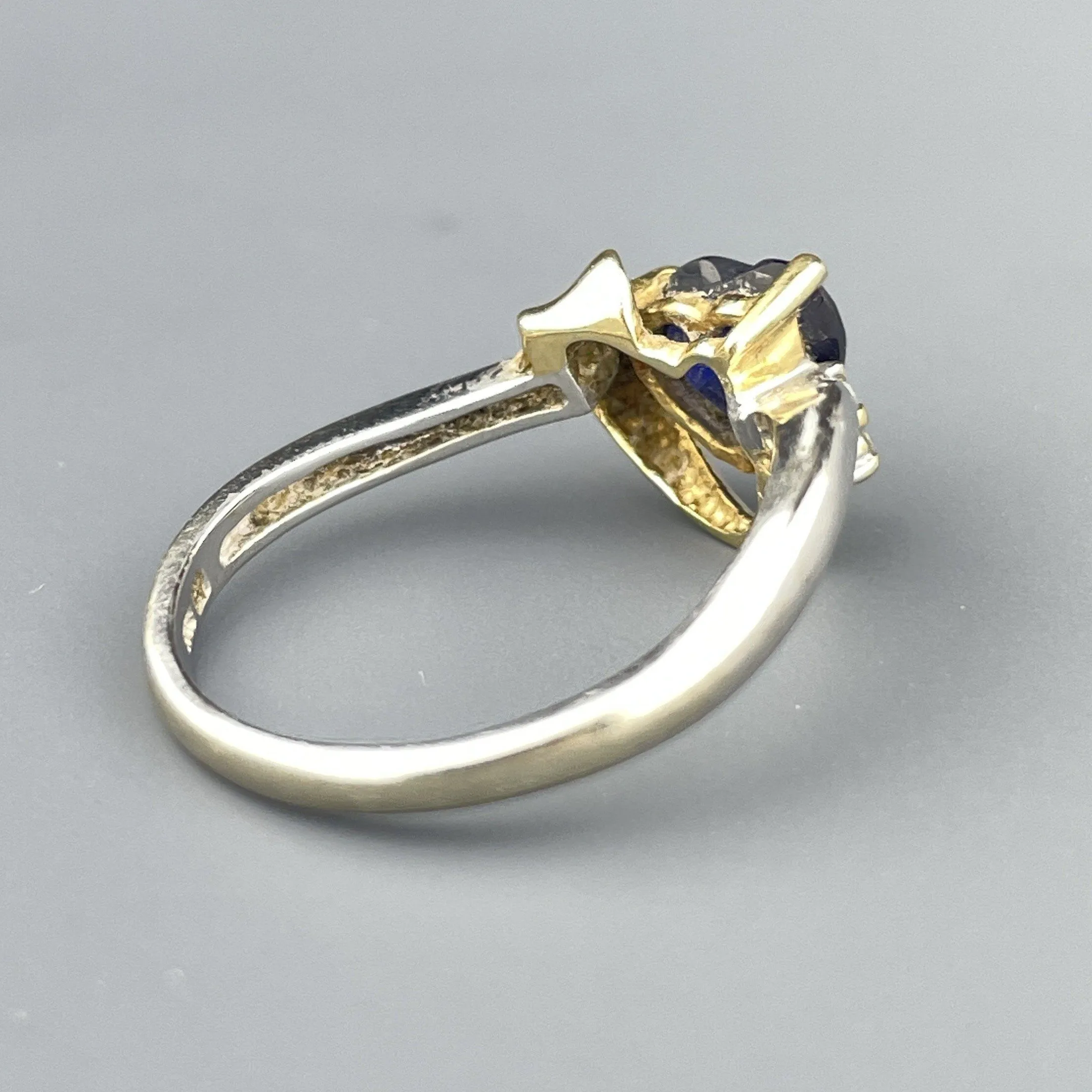 Original Vintage 10K White and Yellow Gold Diamond Sapphire Heart Ring, Sz 6 1/4