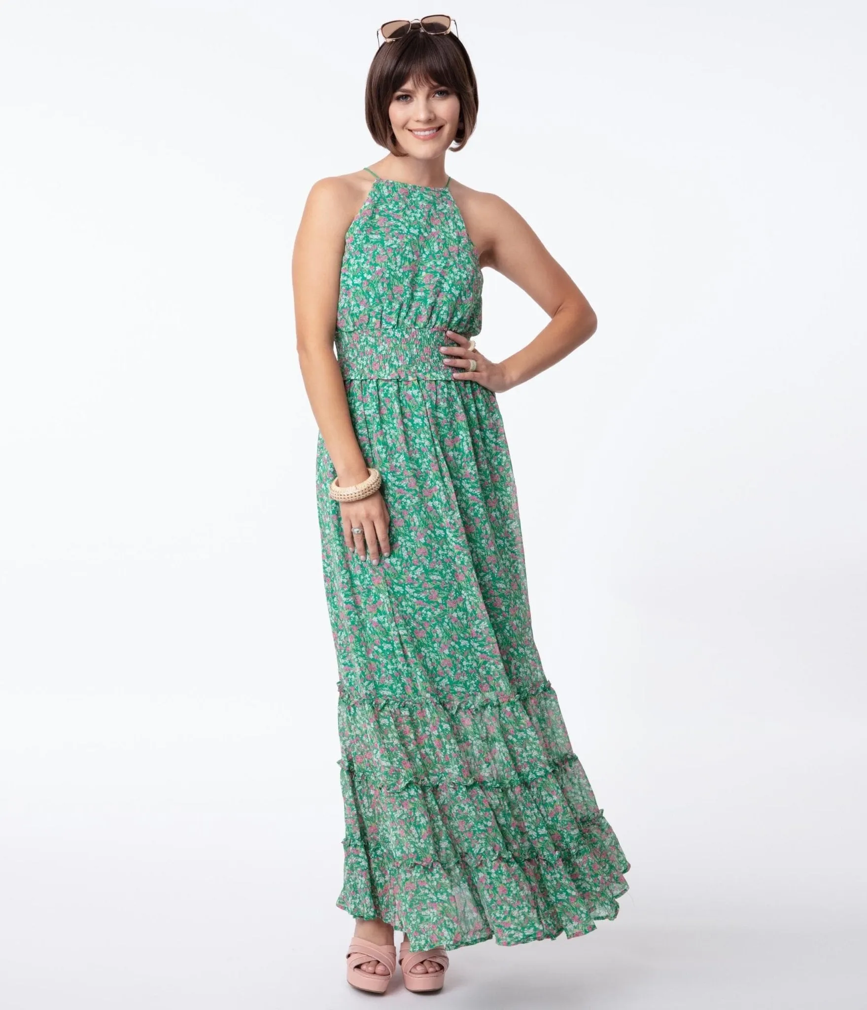 Vintage Floral Maxi Dress in Green and Pink