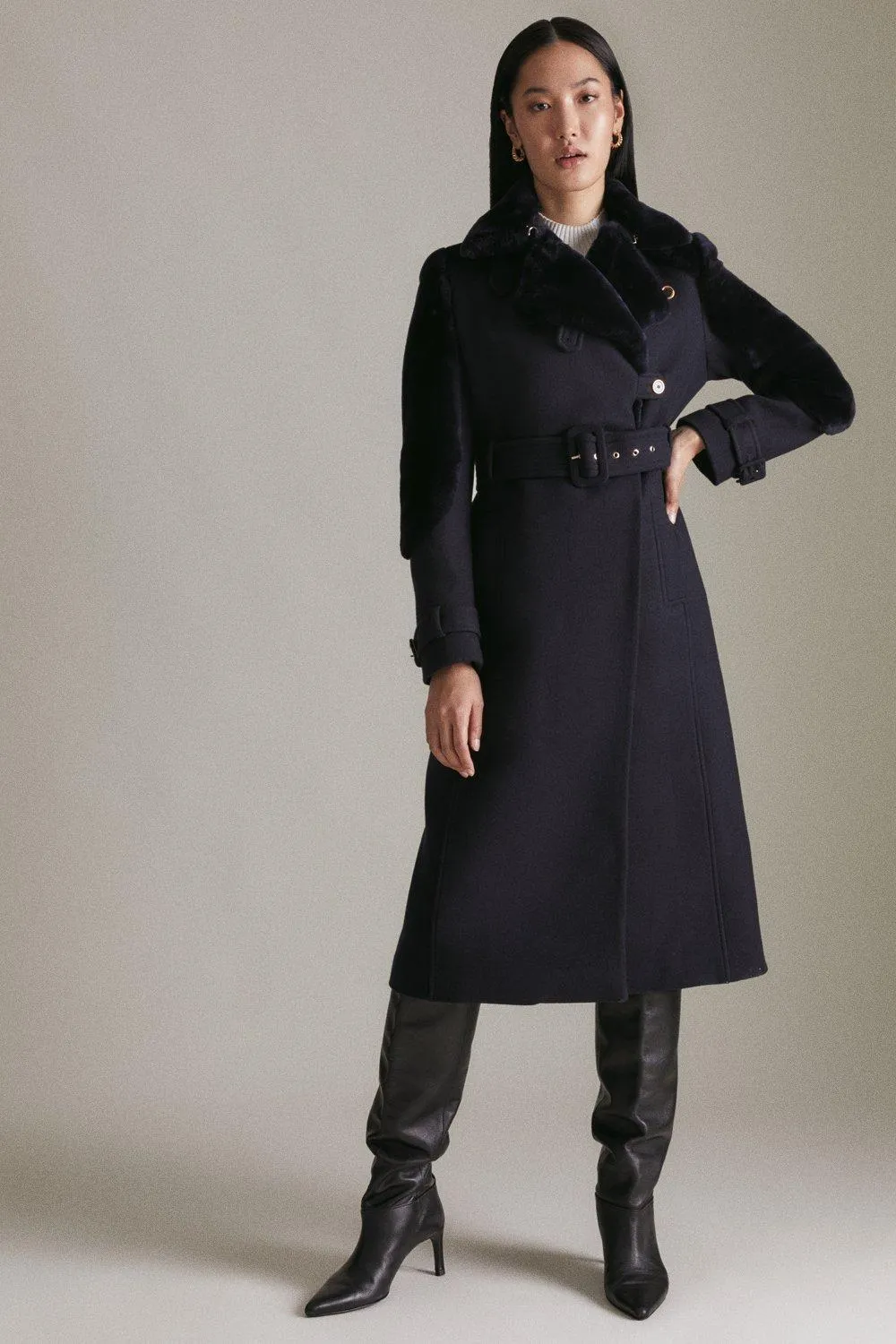 Karen Millen Midi Coat with Italian Virgin Wool Shearling Mix