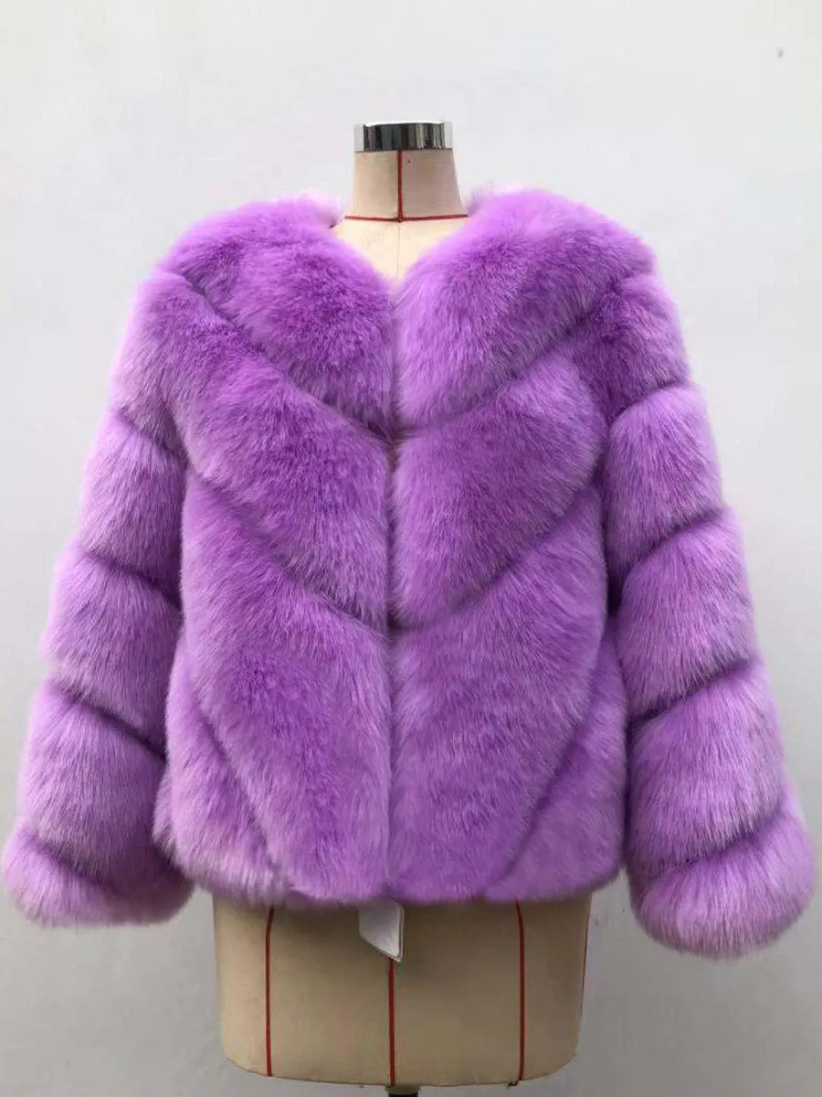 Women's Patchwork Faux Fur Jacket with Long Sleeves