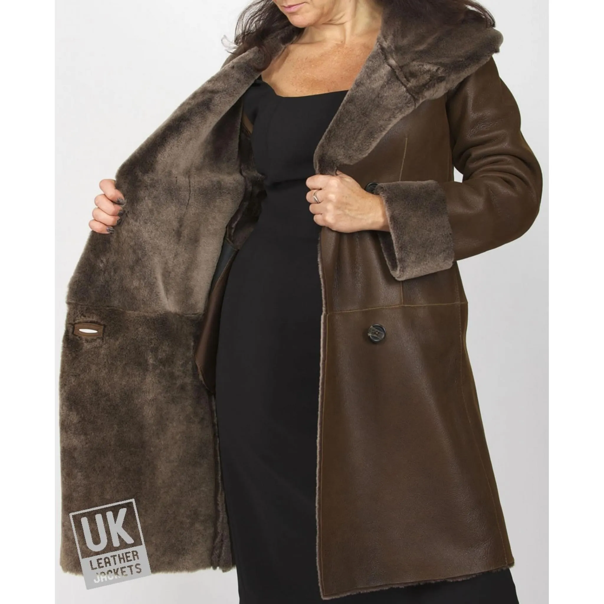 Premium Womens Shearling Sheepskin Hooded Coat