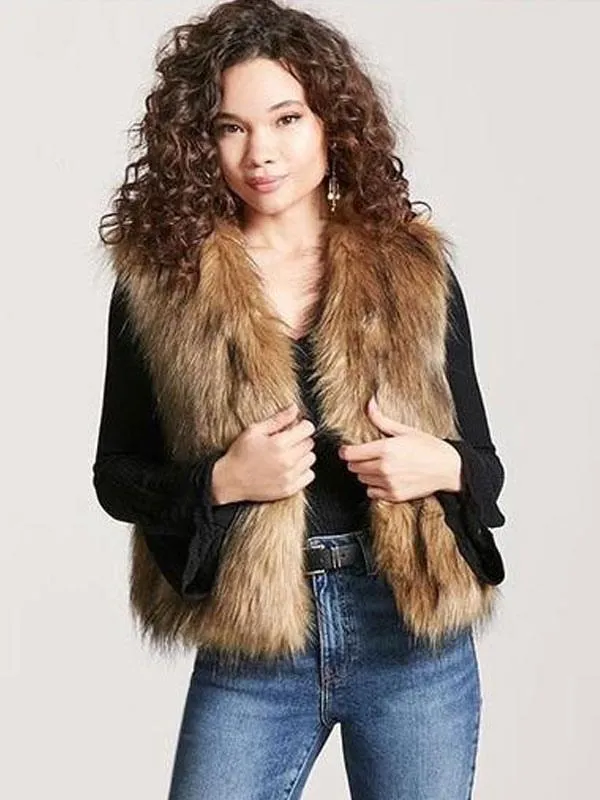 Women's Sleeveless Brown Faux Fur Jacket