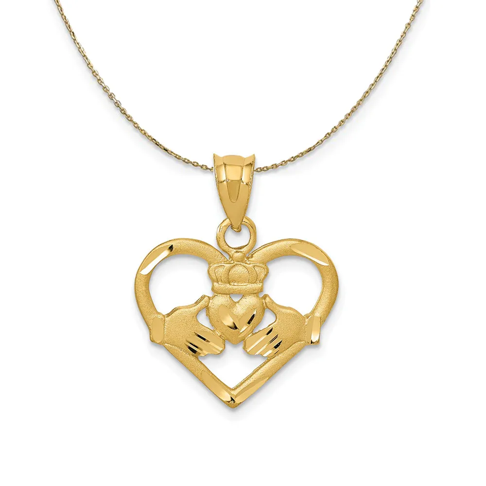 Yellow Gold Satin Diamond Cut Claddagh Heart Necklace