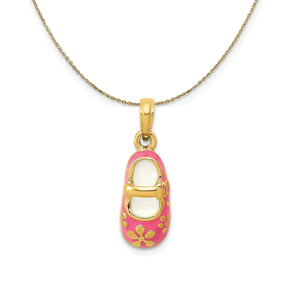 Yellow Gold and Enamel Pink Baby Shoe (7 x 22mm) Necklace