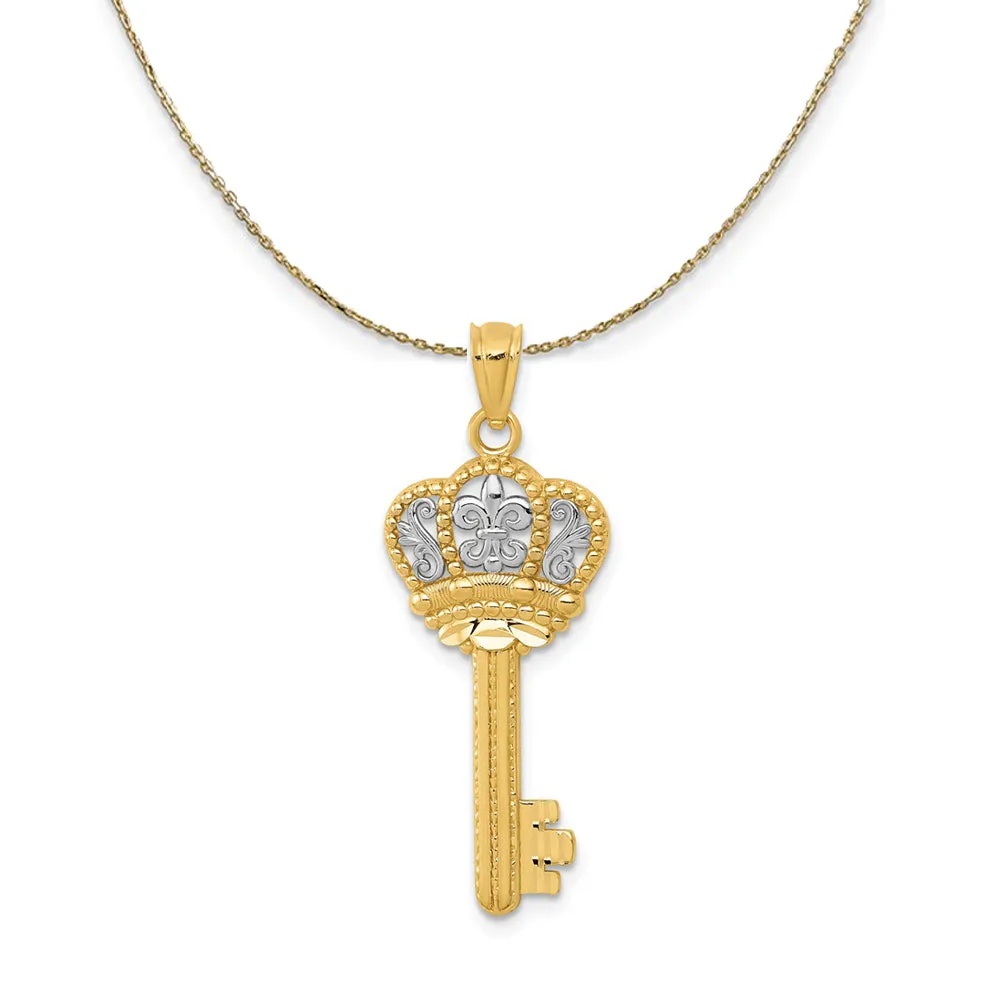 Yellow Gold Rhodium Fleur De Lis Crown Key Necklace