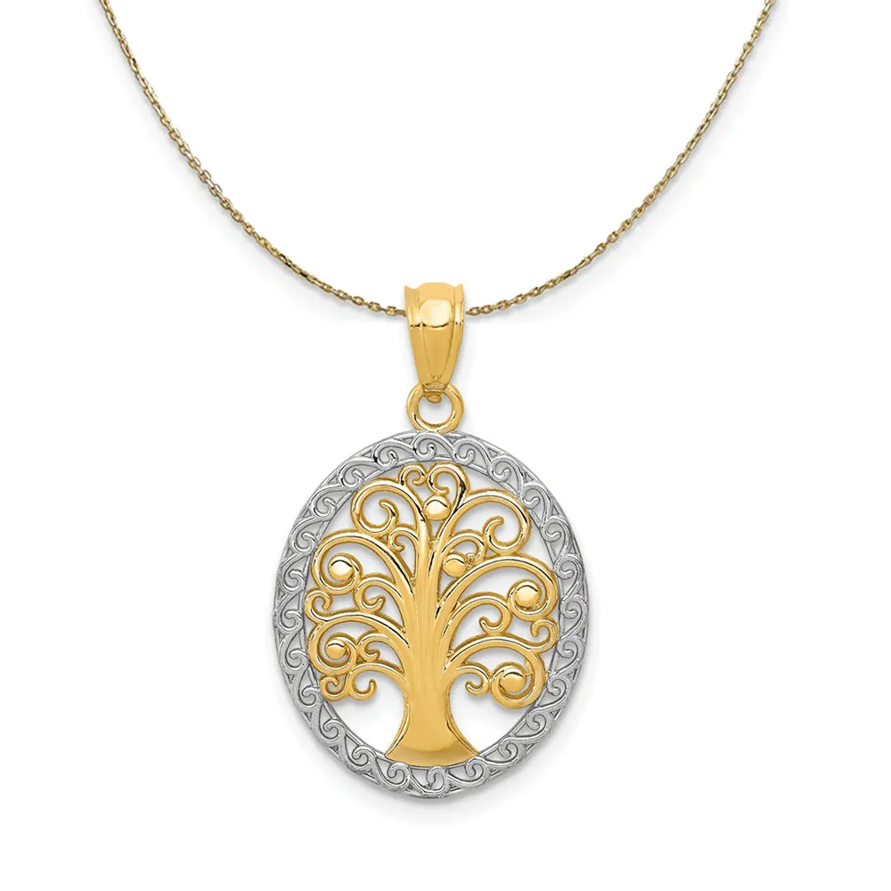 Yellow Gold Rhodium Oval Tree of Life Necklace