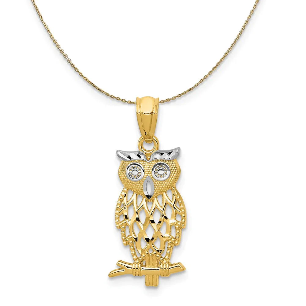 Yellow Gold and Rhodium Two Tone Owl Necklace