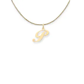 small fancy script initial P necklace in yellow gold