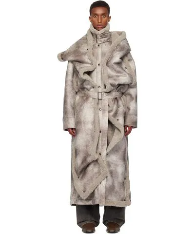 Y/Project Gray Snap Off Panel Hood Aviator Faux-Shearling Coat